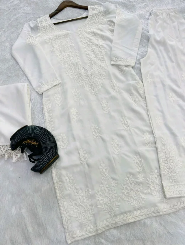 Women Modal Kurti Palazzo Attached Dupatta Set - White, M