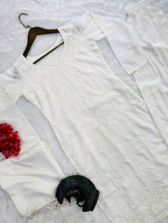 Women Modal Kurti Palazzo Attached Dupatta Set - White, M