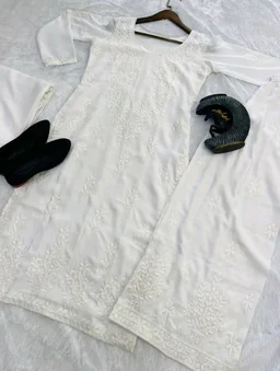 Women Modal Kurti Palazzo Attached Dupatta Set - White, XXL