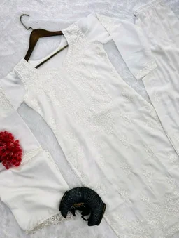 Women Modal Kurti Palazzo Attached Dupatta Set - White, XXL