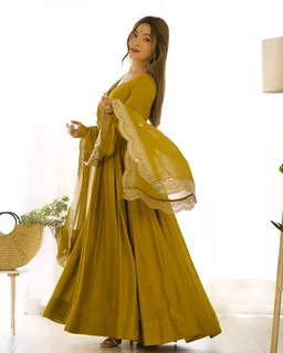 Women's Printed Romanslik Full Sleeve V-Neck Zip Beautiful Anarkali Gown with Dupatta & Pant - Mustard, L