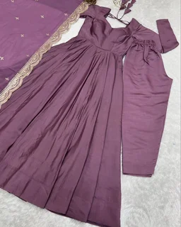 Women's Printed Romanslik Full Sleeve V-Neck Zip Beautiful Anarkali Gown with Dupatta & Pant - Mauve, M