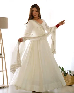 Women's Printed Romanslik Full Sleeve V-Neck Zip Beautiful Anarkali Gown with Dupatta & Pant - White, S