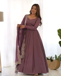 Women's Printed Romanslik Full Sleeve V-Neck Zip Beautiful Anarkali Gown with Dupatta & Pant - Mauve, S
