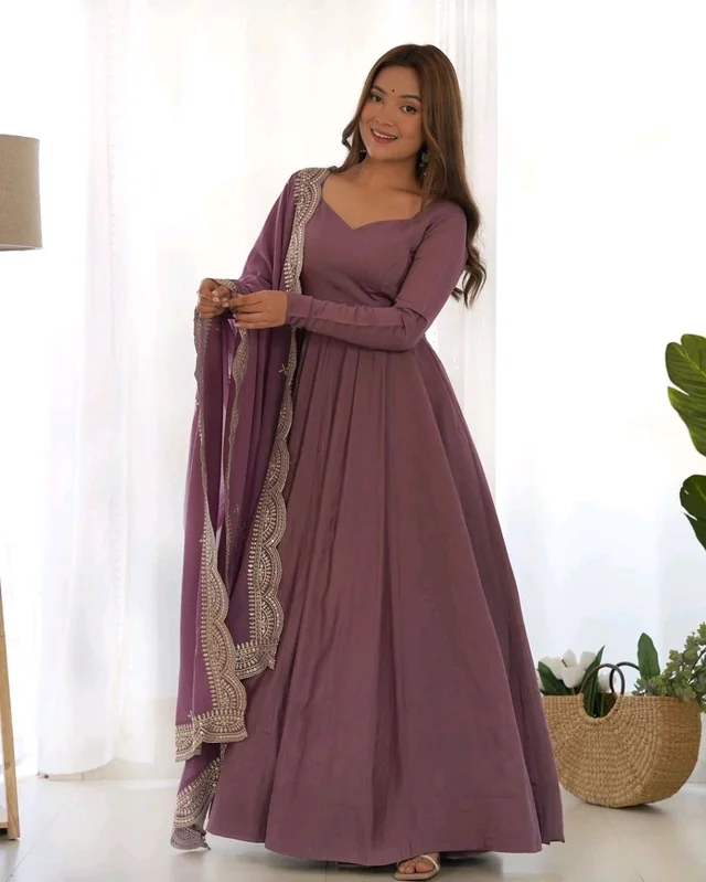 Women's Printed Romanslik Full Sleeve V-Neck Zip Beautiful Anarkali Gown with Dupatta & Pant - Mauve, S