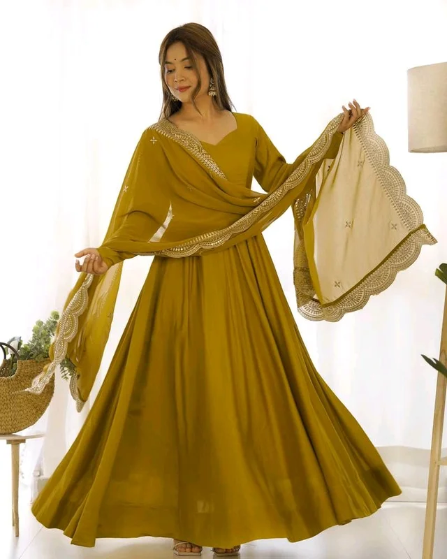 Women's Printed Romanslik Full Sleeve V-Neck Zip Beautiful Anarkali Gown with Dupatta & Pant - Mustard, S
