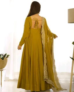 Women's Printed Romanslik Full Sleeve V-Neck Zip Beautiful Anarkali Gown with Dupatta & Pant - Mustard, S