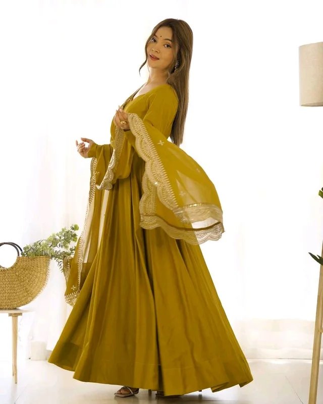 Women's Printed Romanslik Full Sleeve V-Neck Zip Beautiful Anarkali Gown with Dupatta & Pant - Mustard, S