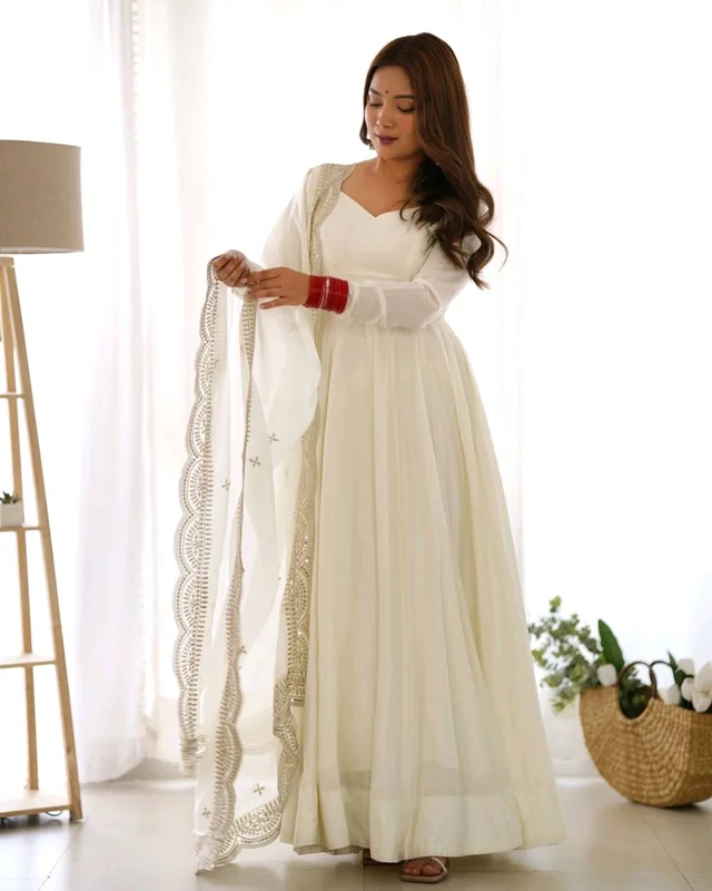 Women's Printed Romanslik Full Sleeve V-Neck Zip Beautiful Anarkali Gown with Dupatta & Pant - White, XS