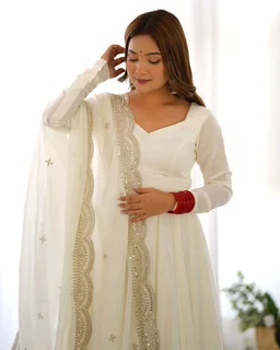 Women's Printed Romanslik Full Sleeve V-Neck Zip Beautiful Anarkali Gown with Dupatta & Pant - White, XS