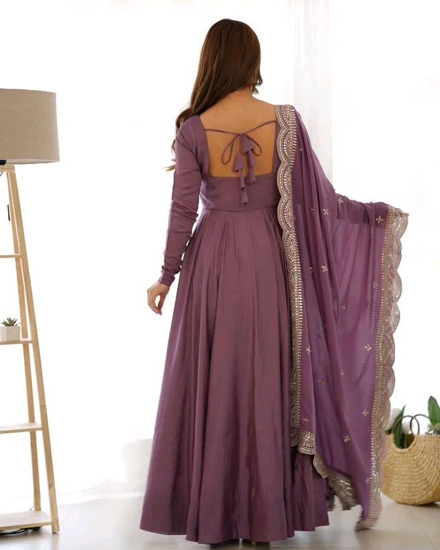 Women's Printed Romanslik Full Sleeve V-Neck Zip Beautiful Anarkali Gown with Dupatta & Pant - Mauve, XS