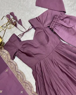 Women's Printed Romanslik Full Sleeve V-Neck Zip Beautiful Anarkali Gown with Dupatta & Pant - Mauve, XS