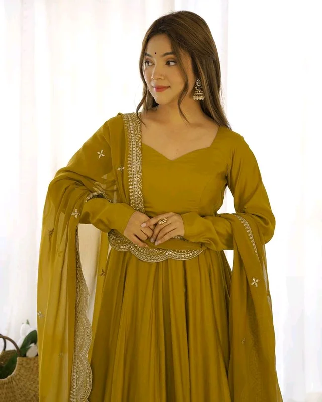 Women's Printed Romanslik Full Sleeve V-Neck Zip Beautiful Anarkali Gown with Dupatta & Pant - Mustard, XS