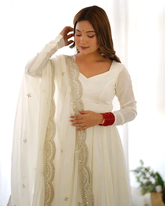 Women's Printed Romanslik Full Sleeve V-Neck Zip Beautiful Anarkali Gown with Dupatta & Pant - White, XL