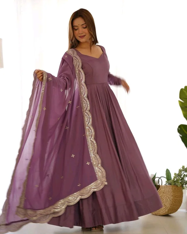 Women's Printed Romanslik Full Sleeve V-Neck Zip Beautiful Anarkali Gown with Dupatta & Pant - Mauve, XL