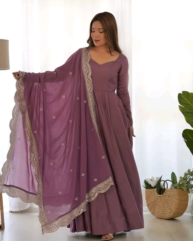 Women's Printed Romanslik Full Sleeve V-Neck Zip Beautiful Anarkali Gown with Dupatta & Pant - Mauve, XL