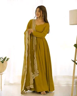 Women's Printed Romanslik Full Sleeve V-Neck Zip Beautiful Anarkali Gown with Dupatta & Pant - Mustard, XL