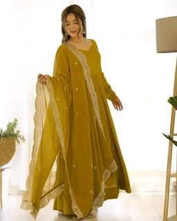 Women's Printed Romanslik Full Sleeve V-Neck Zip Beautiful Anarkali Gown with Dupatta & Pant - Mustard, XL