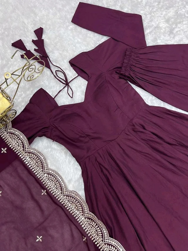 Women's Printed Romanslik Full Sleeve V-Neck Zip Beautiful Anarkali Gown with Dupatta & Pant - wine, XL