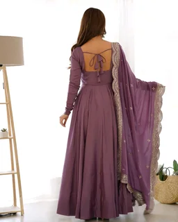 Women's Printed Romanslik Full Sleeve V-Neck Zip Beautiful Anarkali Gown with Dupatta & Pant - Mauve, XXL