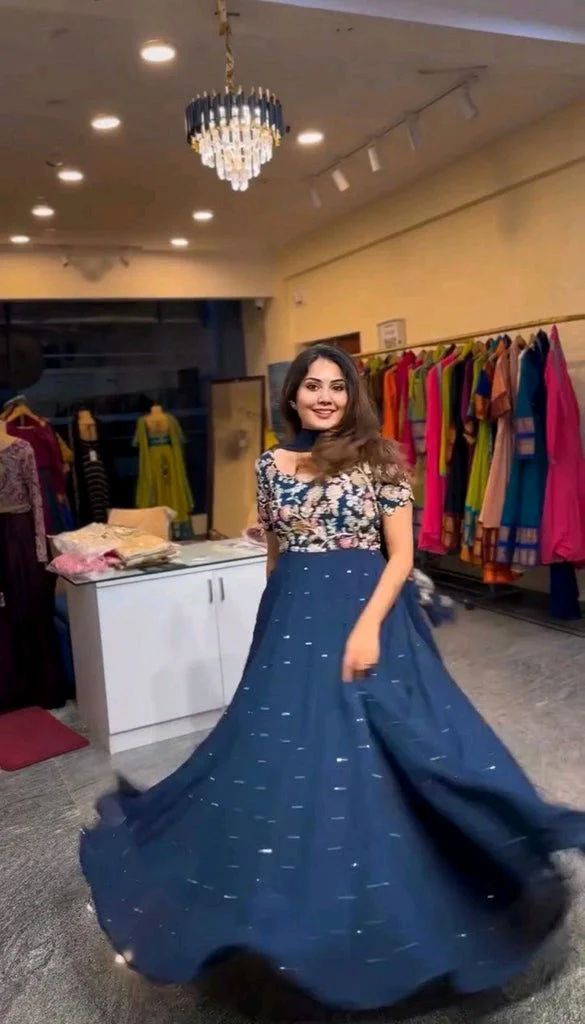 Blue Elegant Heavy Natural Crepe Gown with Intricate Coding Dori & Sequin Work - Biscay, M