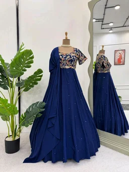Blue Elegant Heavy Natural Crepe Gown with Intricate Coding Dori & Sequin Work - Biscay, M