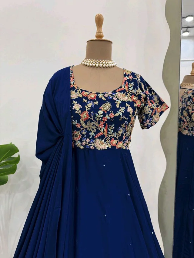 Blue Elegant Heavy Natural Crepe Gown with Intricate Coding Dori & Sequin Work - Biscay, M
