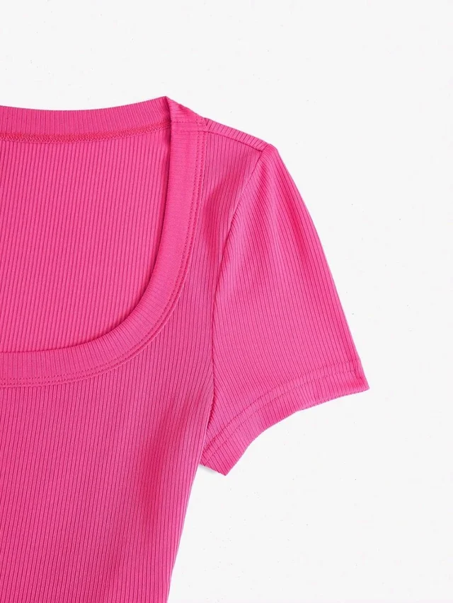Women's Tops Sexy Tops for Women Shirts Women's Scoop Neck Crop Tee Women's Dress(Hot Pink,X-Small) - French Rose, L