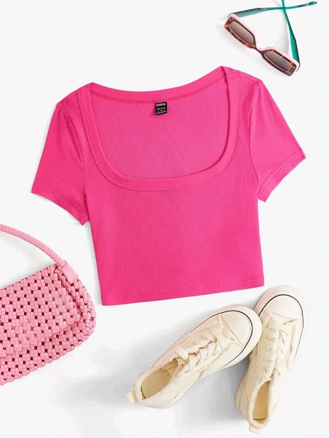 Women's Tops Sexy Tops for Women Shirts Women's Scoop Neck Crop Tee Women's Dress(Hot Pink,X-Small) - French Rose, XXL