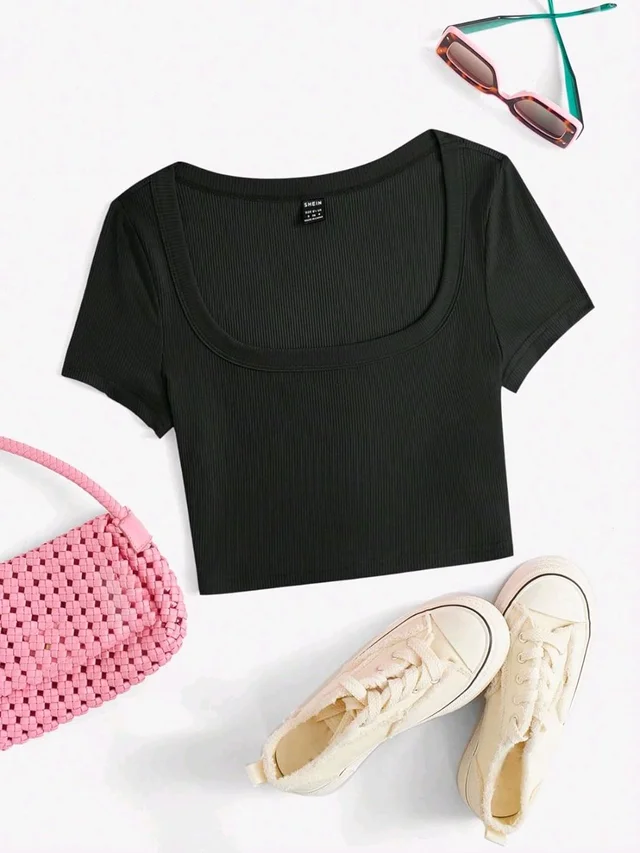 Women's Tops Sexy Tops for Women Shirts Women's Scoop Neck Crop Tee Women's Dress(Hot Pink,X-Small) - Black, XL