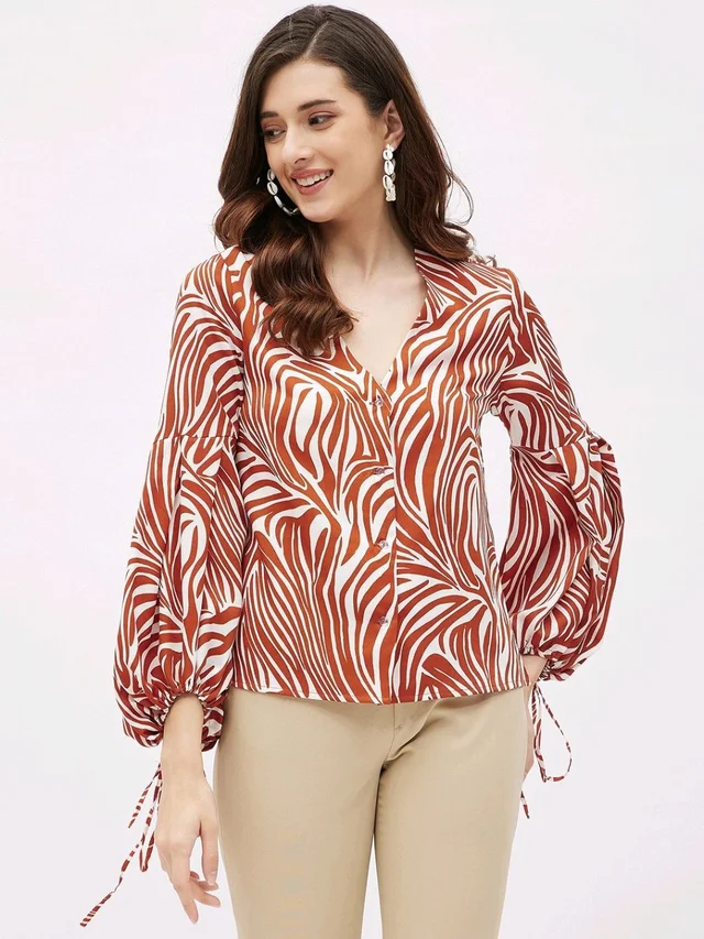 Casual Flared Sleeves Graphic Print Women Brown Top - Mojo, S