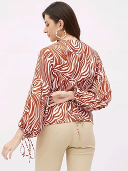 Casual Flared Sleeves Graphic Print Women Brown Top - Mojo, S