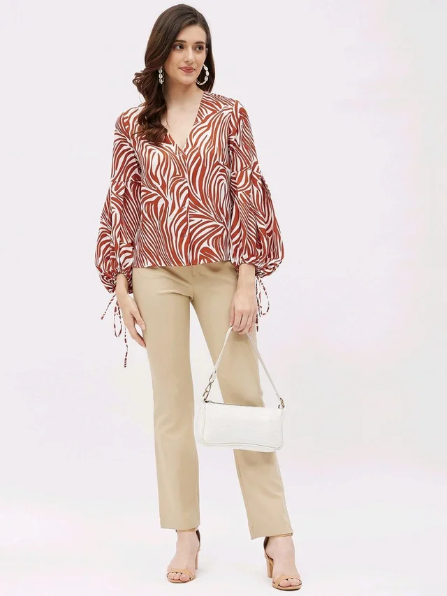 Casual Flared Sleeves Graphic Print Women Brown Top - Mojo, S