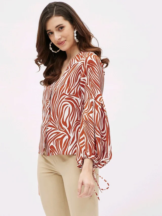 Casual Flared Sleeves Graphic Print Women Brown Top - Mojo, S