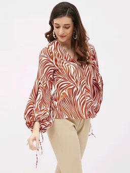 Casual Flared Sleeves Graphic Print Women Brown Top - Mojo, S