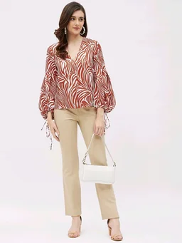Casual Flared Sleeves Graphic Print Women Brown Top - Mojo, M
