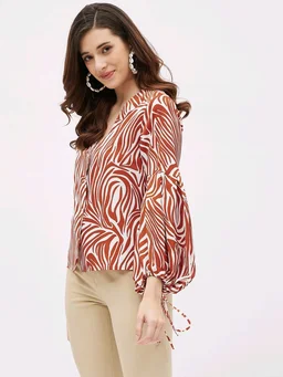 Casual Flared Sleeves Graphic Print Women Brown Top - Mojo, M