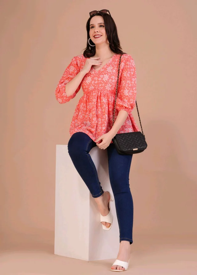 Party Balloon Sleeve Printed Women White, Pink Top
- Bittersweet, M