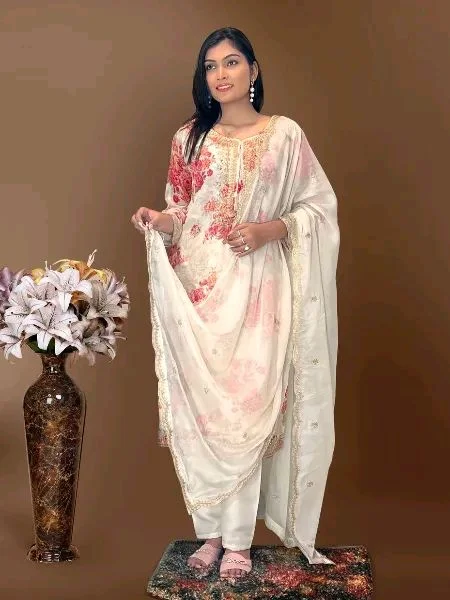 Off White Kurti Pant Set in Organza With Print Embroidery and Stone With Dupatta - Kangaroo, XL