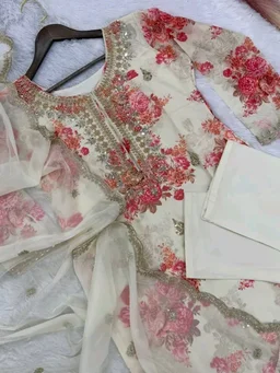 Off White Kurti Pant Set in Organza With Print Embroidery and Stone With Dupatta - Kangaroo, XL