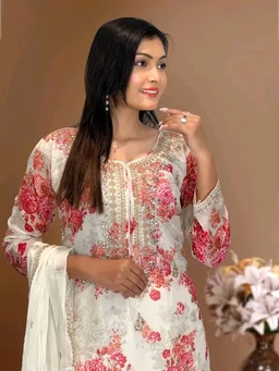 Off White Kurti Pant Set in Organza With Print Embroidery and Stone With Dupatta - Kangaroo, XL