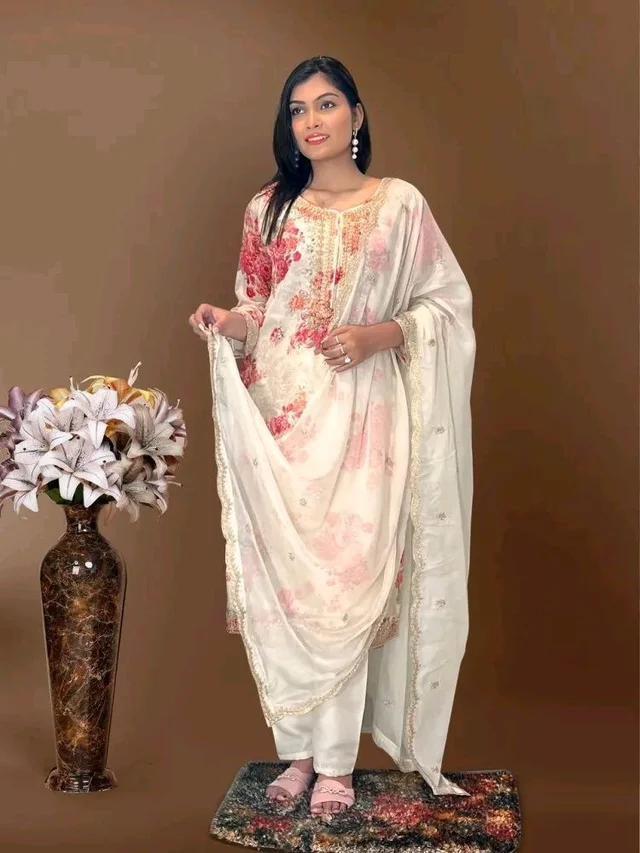 Off White Kurti Pant Set in Organza With Print Embroidery and Stone With Dupatta - Kangaroo, XL