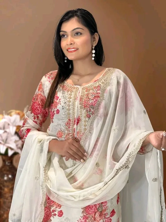 Off White Kurti Pant Set in Organza With Print Embroidery and Stone With Dupatta - Kangaroo, XL
