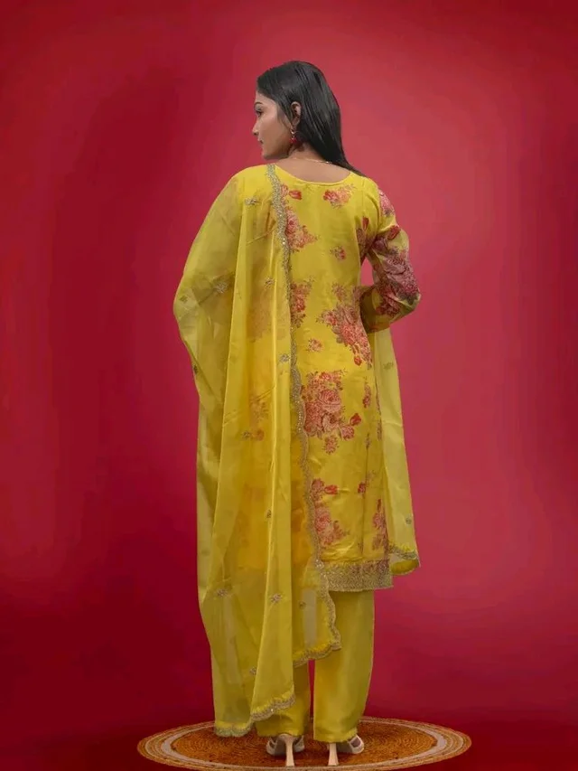 Off White Kurti Pant Set in Organza With Print Embroidery and Stone With Dupatta - Gold Tips, L