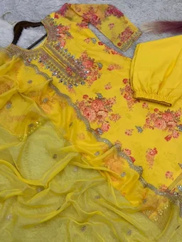 Off White Kurti Pant Set in Organza With Print Embroidery and Stone With Dupatta - Gold Tips, M