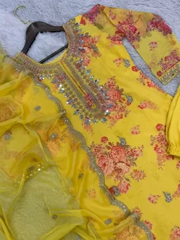 Off White Kurti Pant Set in Organza With Print Embroidery and Stone With Dupatta - Gold Tips, M