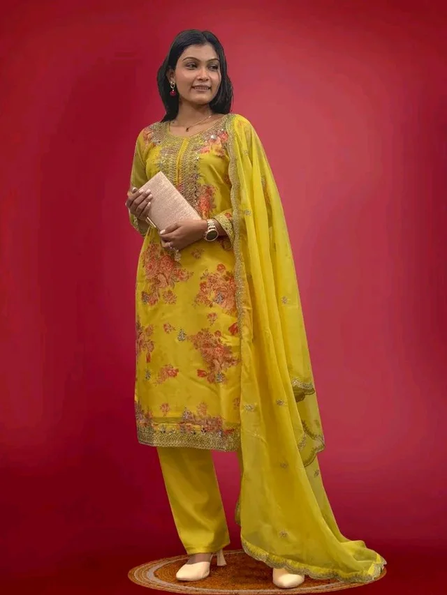 Off White Kurti Pant Set in Organza With Print Embroidery and Stone With Dupatta - Gold Tips, XL