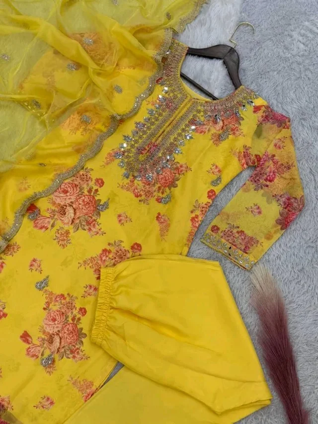 Off White Kurti Pant Set in Organza With Print Embroidery and Stone With Dupatta - Gold Tips, XL