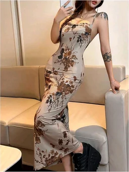 Women's Floral Print Bodycon Cami Dress Cowl Neck Spaghetti Strap Midi Dresses - Vanilla, L