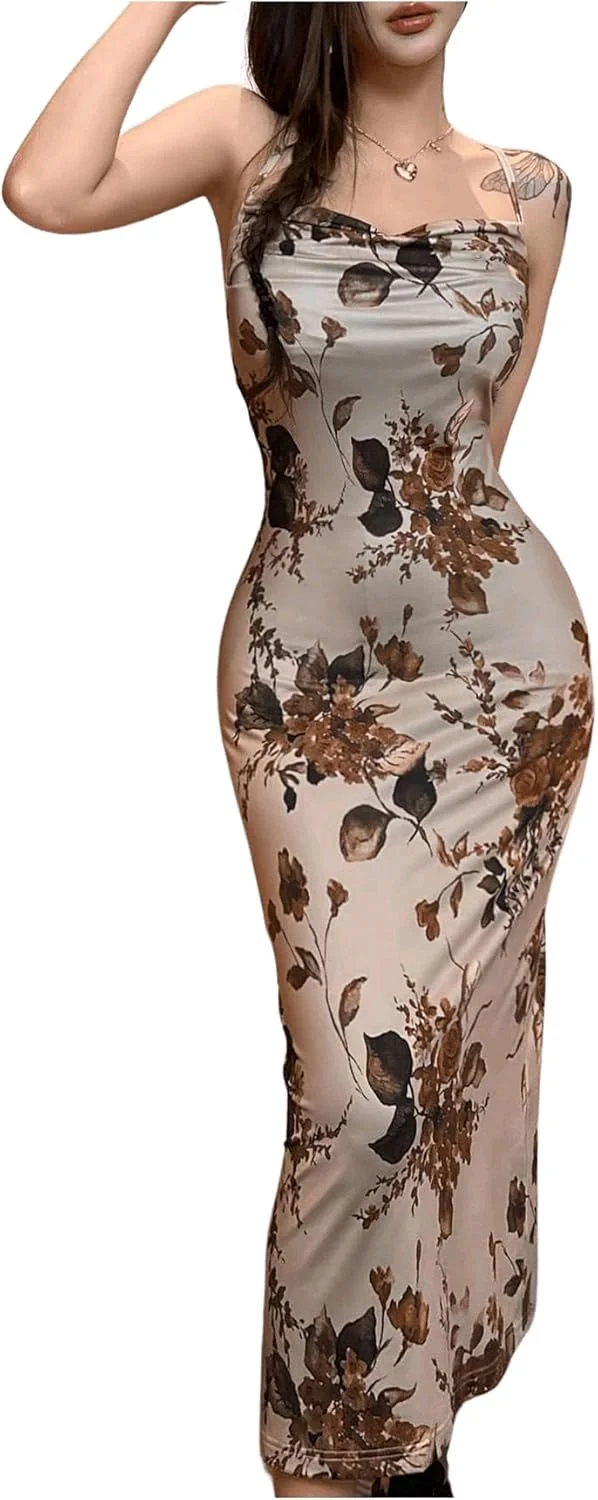 Women's Floral Print Bodycon Cami Dress Cowl Neck Spaghetti Strap Midi Dresses - Vanilla, XL